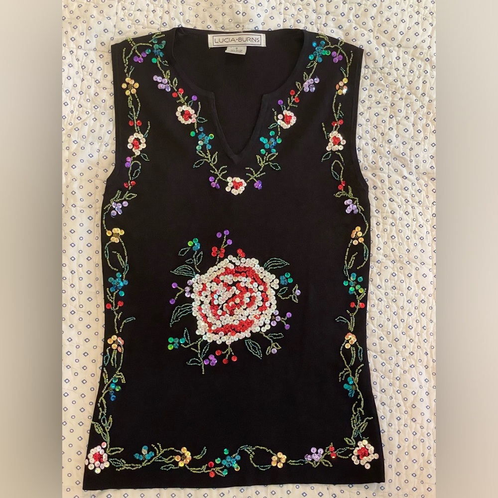 Vintage Y2K Lucia Burns Beaded, Sequined Floral Fabulous Whimsical Top SZ XS/S